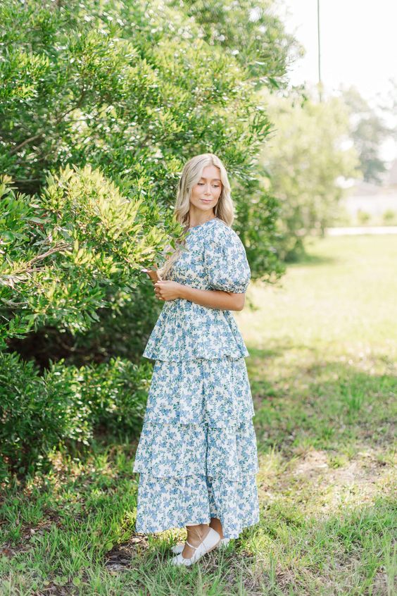 blue floral tiered maxi dress